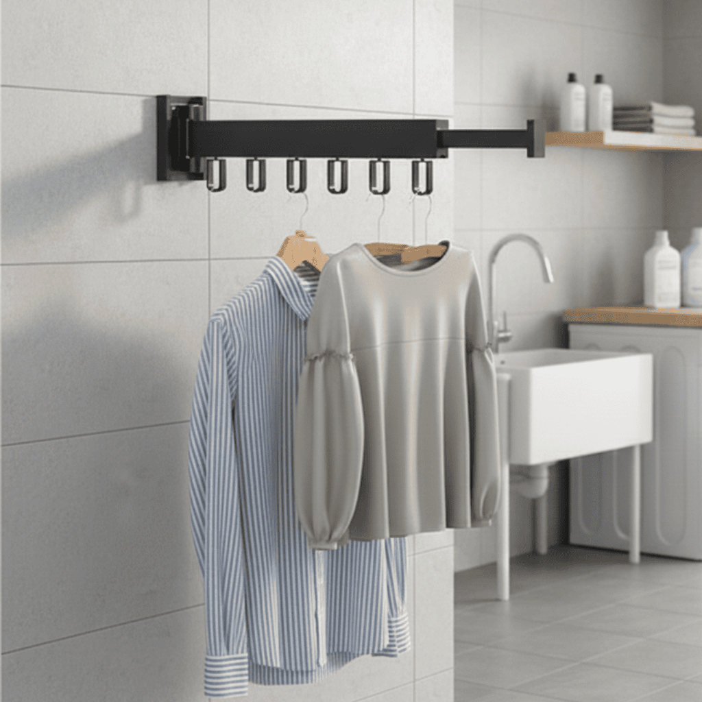 HANGSAVE – Wall-Mounted Retractable Clothes Dryer with Folding Hanger Design