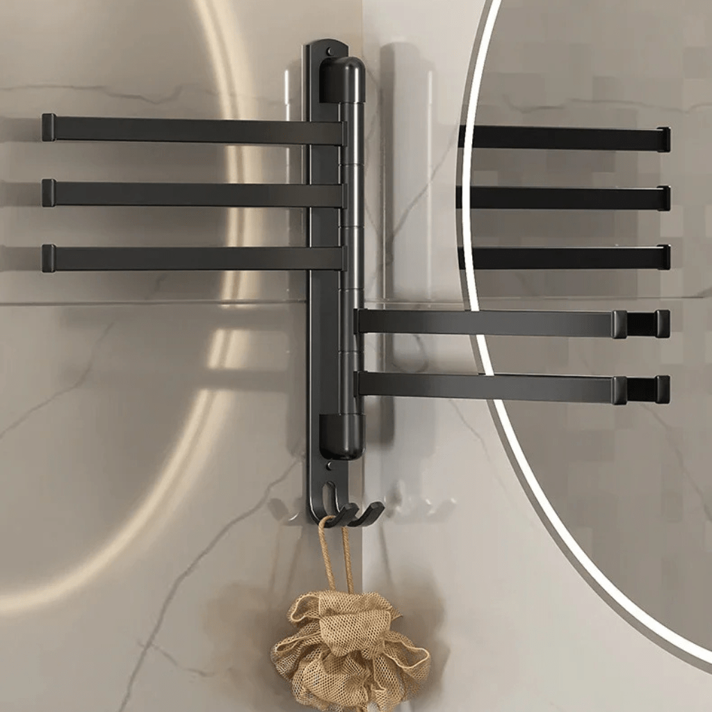 TOWELFLEX – Modern Matte Black Towel Rack with 5 Rotatable Arms for Space-Saving Storage