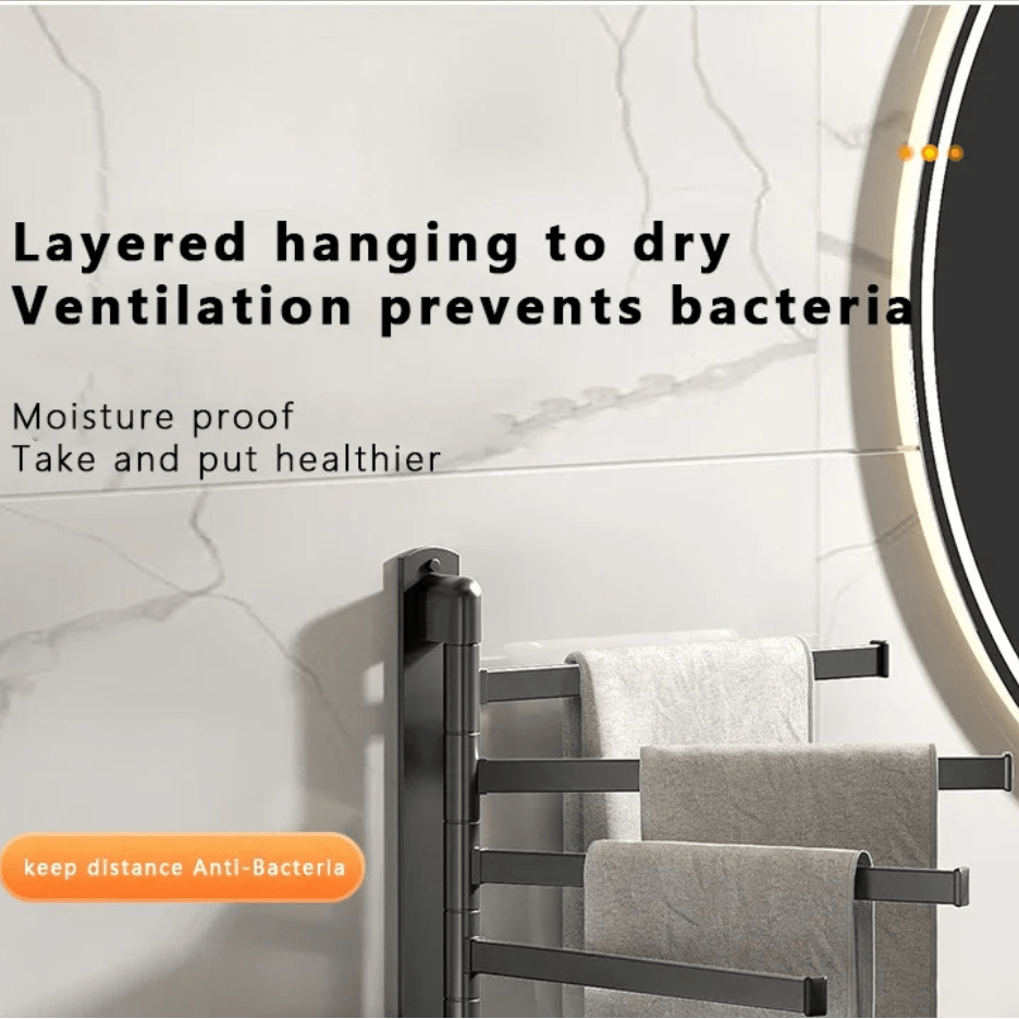 TOWELFLEX – Modern Matte Black Towel Rack with 5 Rotatable Arms for Space-Saving Storage