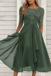 MIDELLE – Chic Midi Dress with Elegant High Waist and Short Sleeves