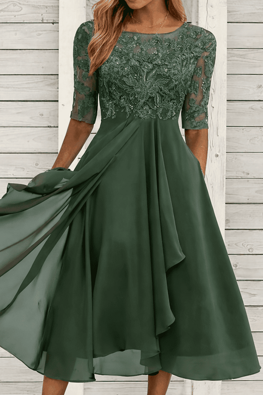 MIDELLE – Chic Midi Dress with Elegant High Waist and Short Sleeves