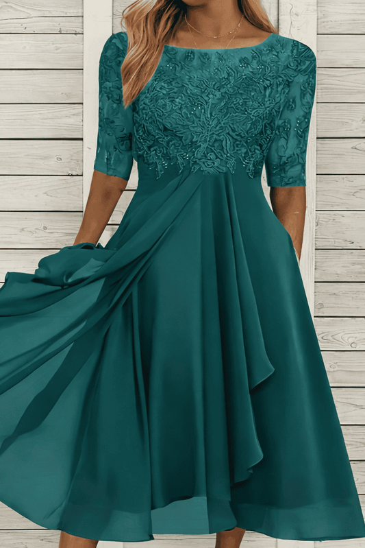 MIDELLE – Chic Midi Dress with Elegant High Waist and Short Sleeves