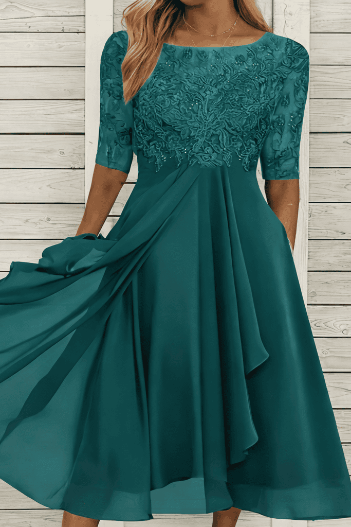 MIDELLE – Chic Midi Dress with Elegant High Waist and Short Sleeves