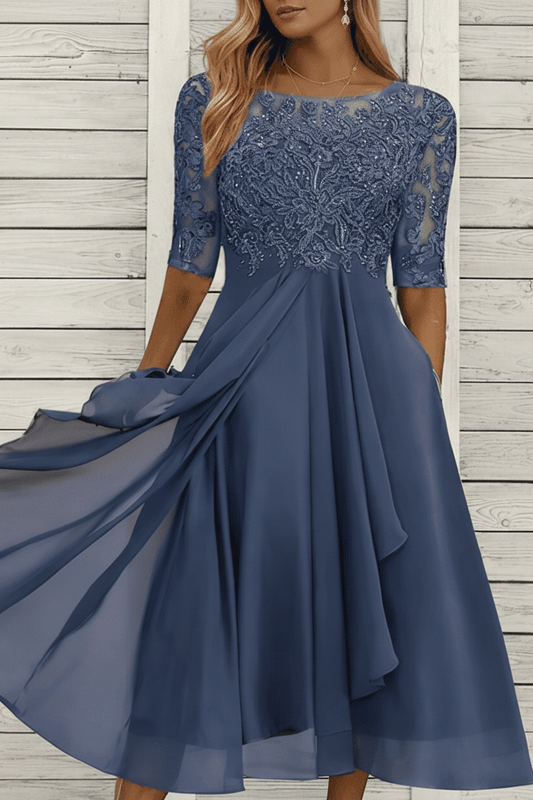 MIDELLE – Chic Midi Dress with Elegant High Waist and Short Sleeves