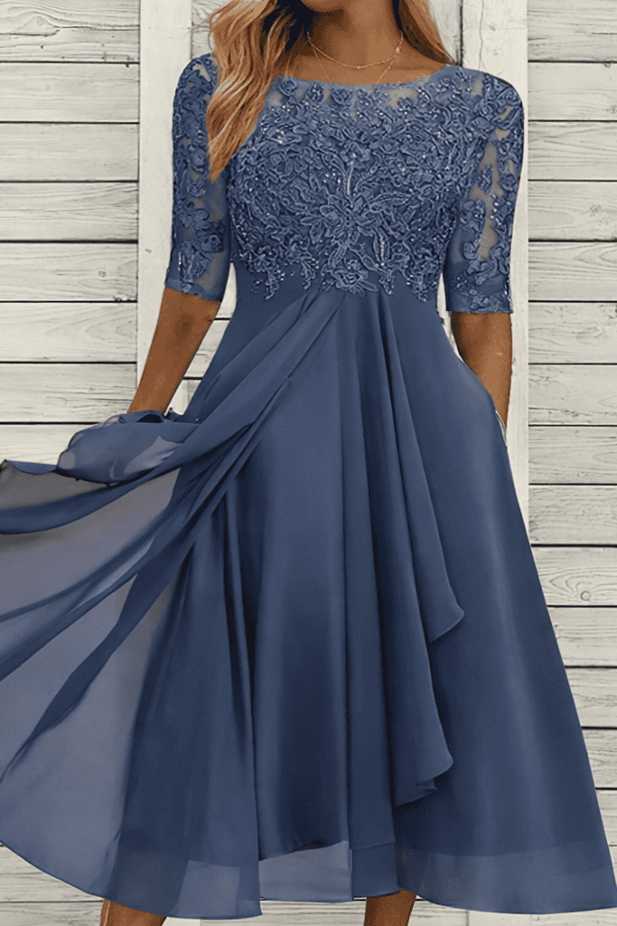 MIDELLE – Chic Midi Dress with Elegant High Waist and Short Sleeves