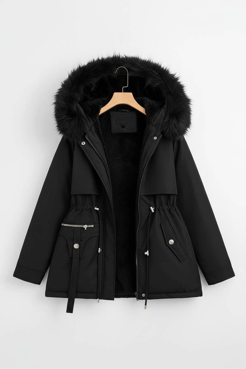 FURBELT – Stylish Plus Size Women’s Jacket with Faux Fur Hood & Adjustable Waist