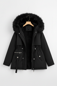 FURBELT – Stylish Plus Size Women’s Jacket with Faux Fur Hood & Adjustable Waist