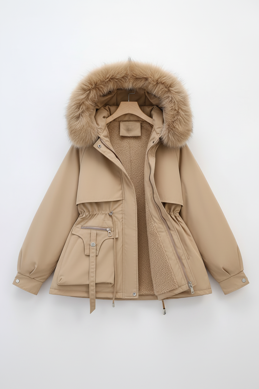 FURBELT – Stylish Plus Size Women’s Jacket with Faux Fur Hood & Adjustable Waist