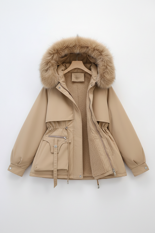 FURBELT – Stylish Plus Size Women’s Jacket with Faux Fur Hood & Adjustable Waist