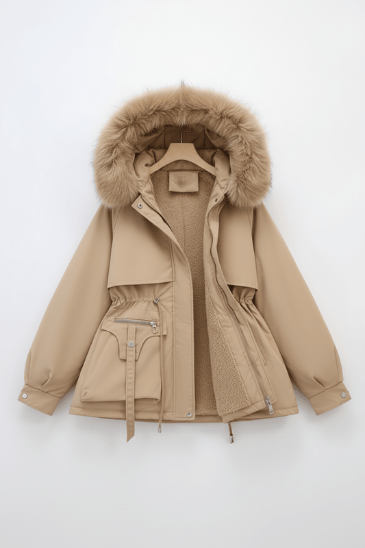 FURBELT – Stylish Plus Size Women’s Jacket with Faux Fur Hood & Adjustable Waist