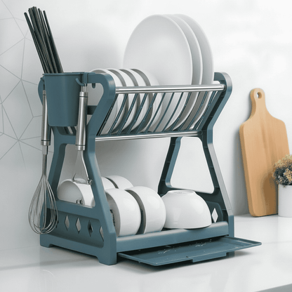 DISHSMART – Space-Saving 2-Tier Dish Drainer with Utensil Holder and Draining Board