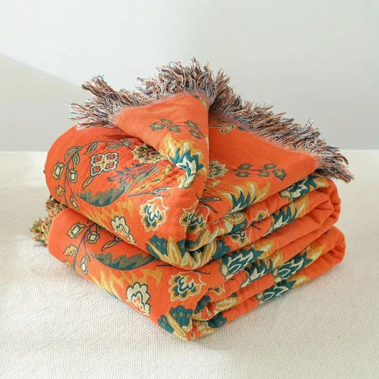 Marigold - Reversible Throw Blanket, Soft Cotton Floral Design, Multi-Use 0