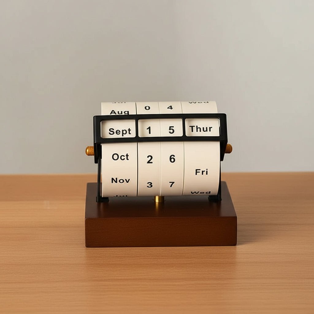 Mid-Century Rotating Wooden Perpetual Desk Calendar - Elegant Office Decor 0