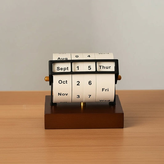 Mid-Century Rotating Wooden Perpetual Desk Calendar - Elegant Office Decor 0