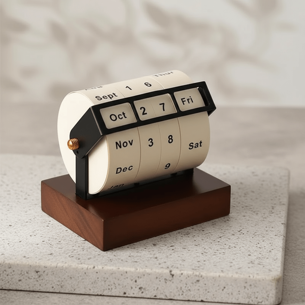 Mid-Century Rotating Wooden Perpetual Desk Calendar - Elegant Office Decor 3