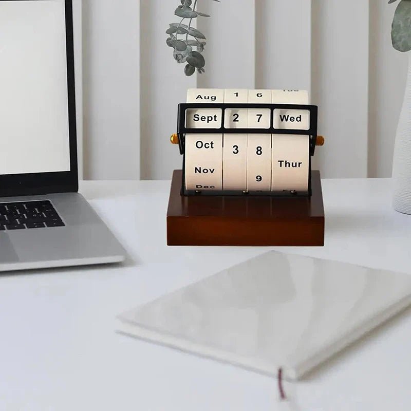 Mid-Century Rotating Wooden Perpetual Desk Calendar - Elegant Office Decor 4