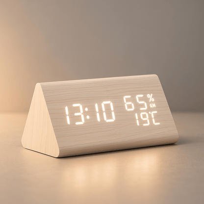 Modern Wooden Digital Alarm Clock with Temperature Display & Adjustable Brightness 0