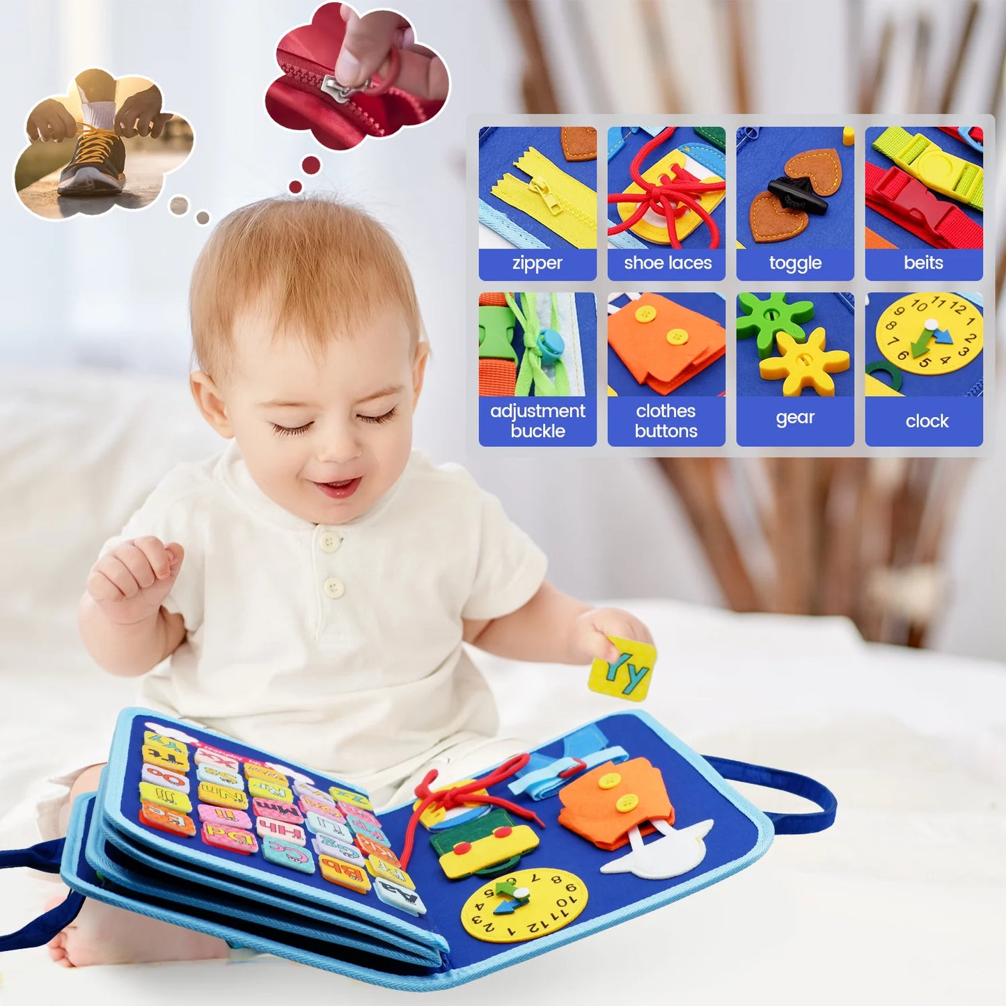 Montessori Busy Board - 7-in-1 Activity Board for Infant Motor Skills Development 5
