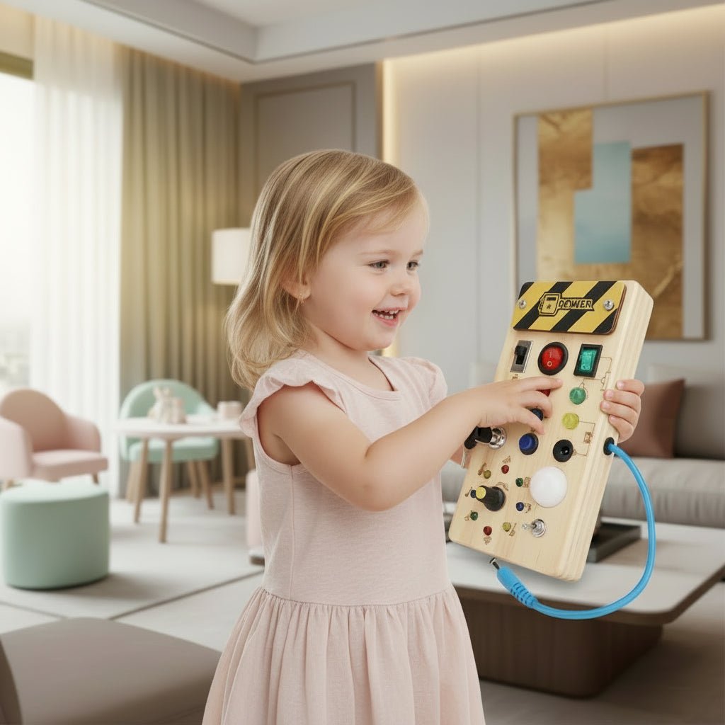 Montessori Busy Board - Interactive Wooden Activity Board with 8 Switches & LED Lights for Infants 0