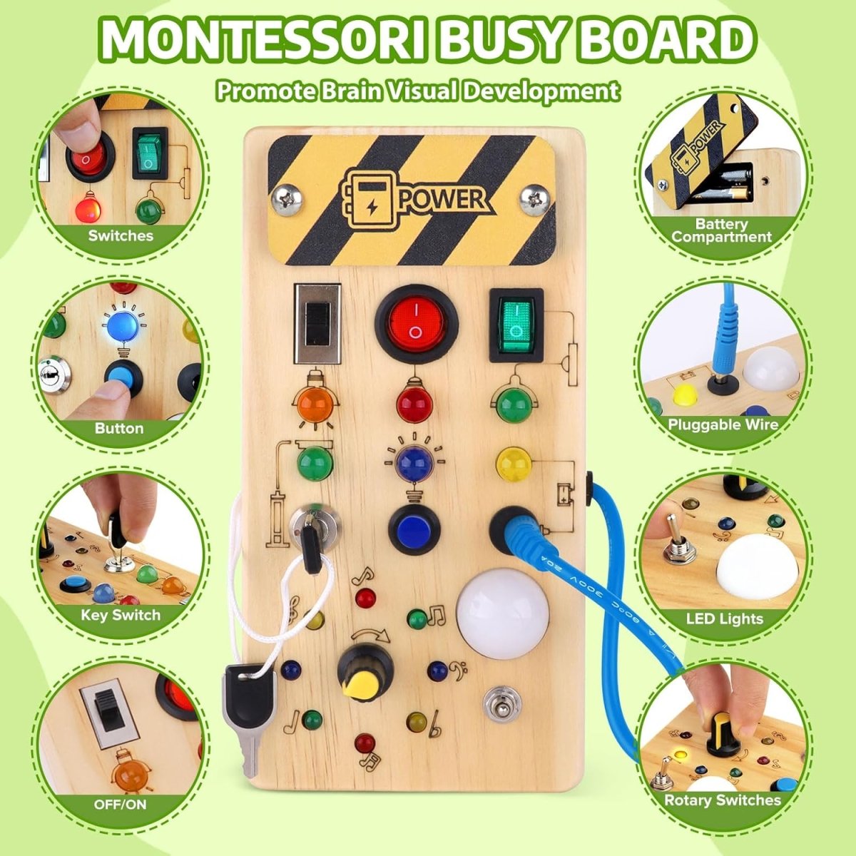Montessori Busy Board - Interactive Wooden Activity Board with 8 Switches & LED Lights for Infants 2
