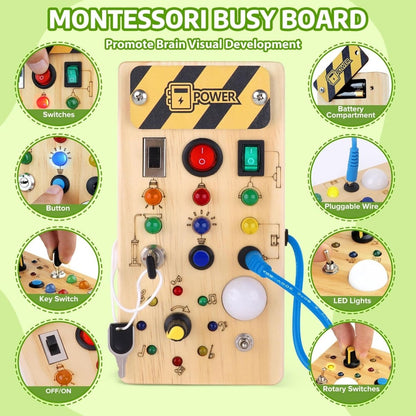 Montessori Busy Board - Interactive Wooden Activity Board with 8 Switches & LED Lights for Infants 2
