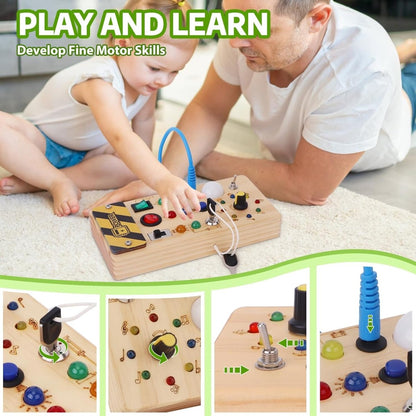 Montessori Busy Board - Interactive Wooden Activity Board with 8 Switches & LED Lights for Infants 3