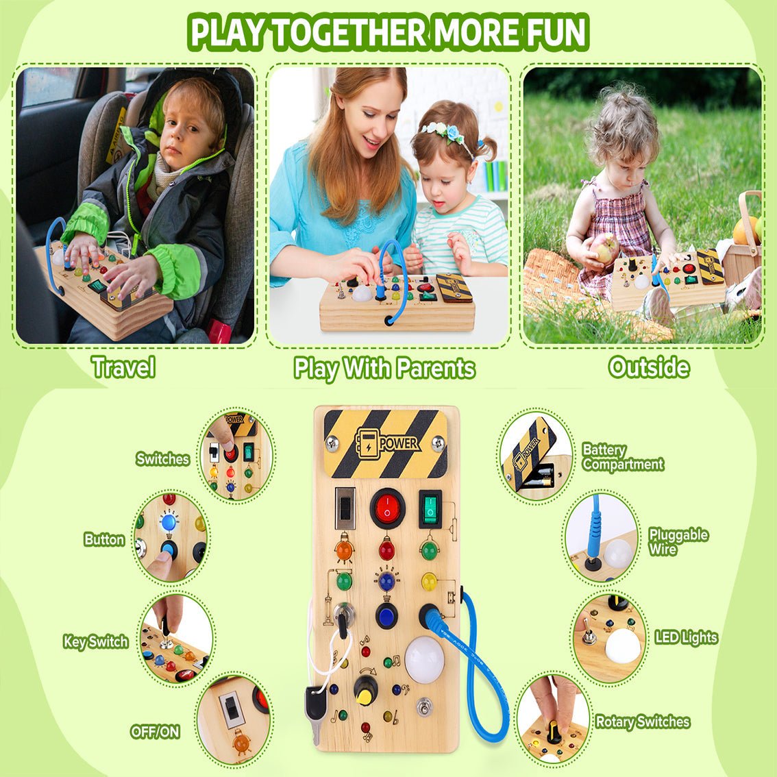 Montessori Busy Board - Interactive Wooden Activity Board with 8 Switches & LED Lights for Infants 5