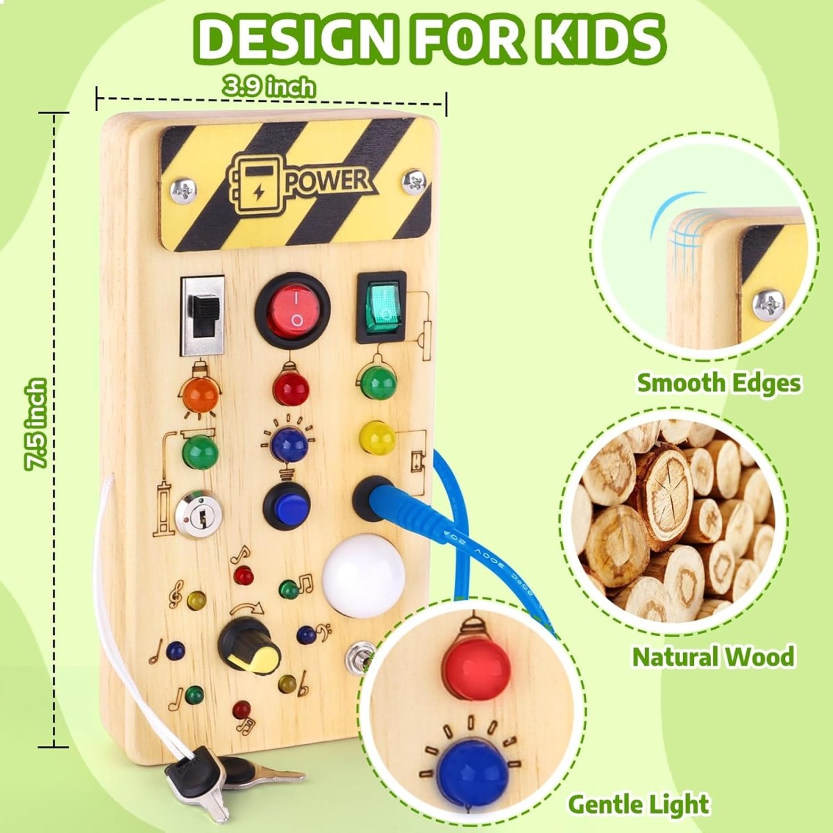 Montessori Busy Board - Interactive Wooden Activity Board with 8 Switches & LED Lights for Infants 6
