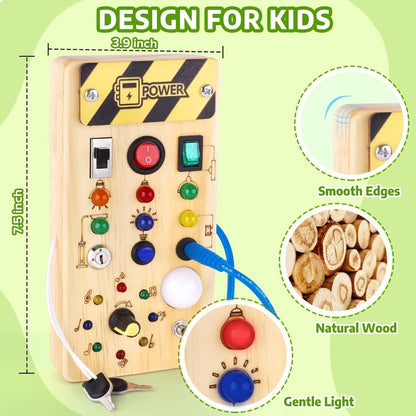 Montessori Busy Board - Interactive Wooden Activity Board with 8 Switches & LED Lights for Infants 6