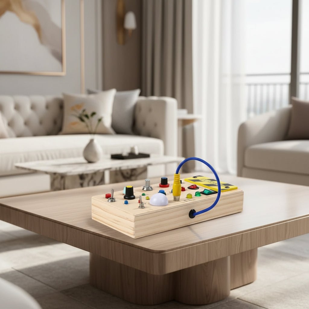 Montessori Busy Board - Interactive Wooden Activity Board with 8 Switches & LED Lights for Infants 7