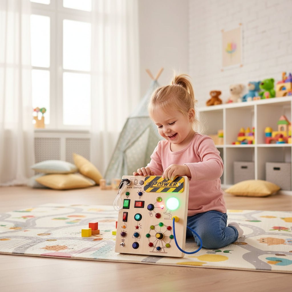 Montessori Busy Board - Interactive Wooden Toddler Toy with LED Lights for Sensory Learning 0