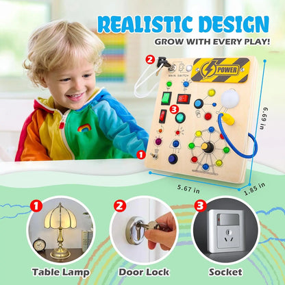 Montessori Busy Board - Interactive Wooden Toddler Toy with LED Lights for Sensory Learning 2