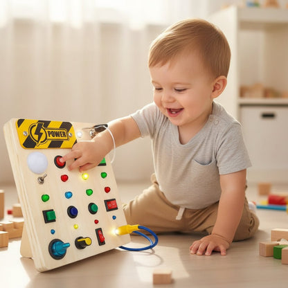 Montessori Busy Board - Interactive Wooden Toddler Toy with LED Lights for Sensory Learning 3