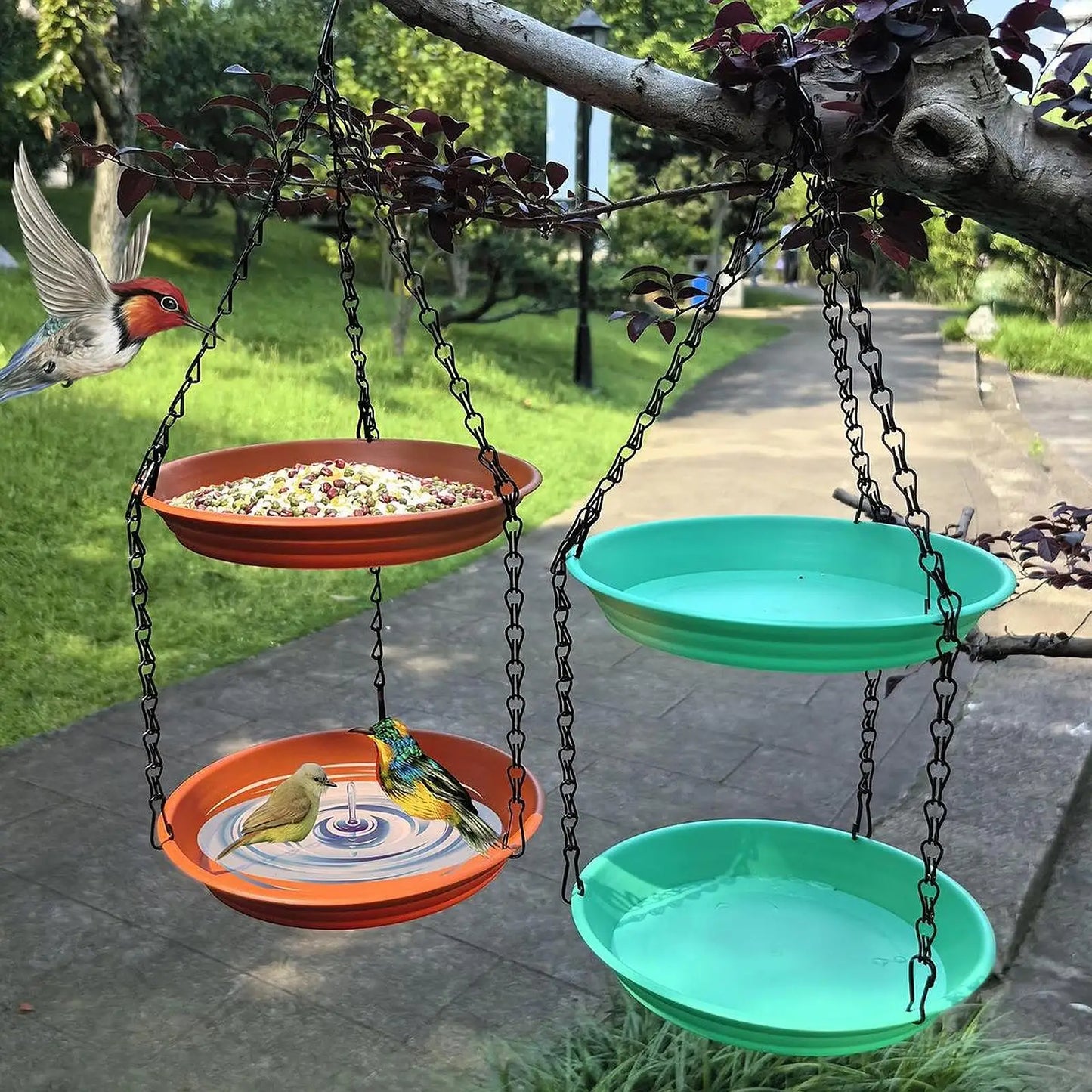 Outdoor Hanging Bird Feeder with Double Plates and Chain - Durable Anti-Rust Design 1