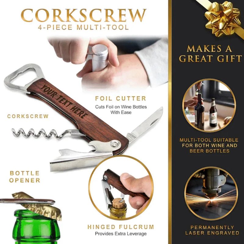 Personalized 3-in-1 Wooden and Stainless Steel Bottle Opener for Beer and Wine 2