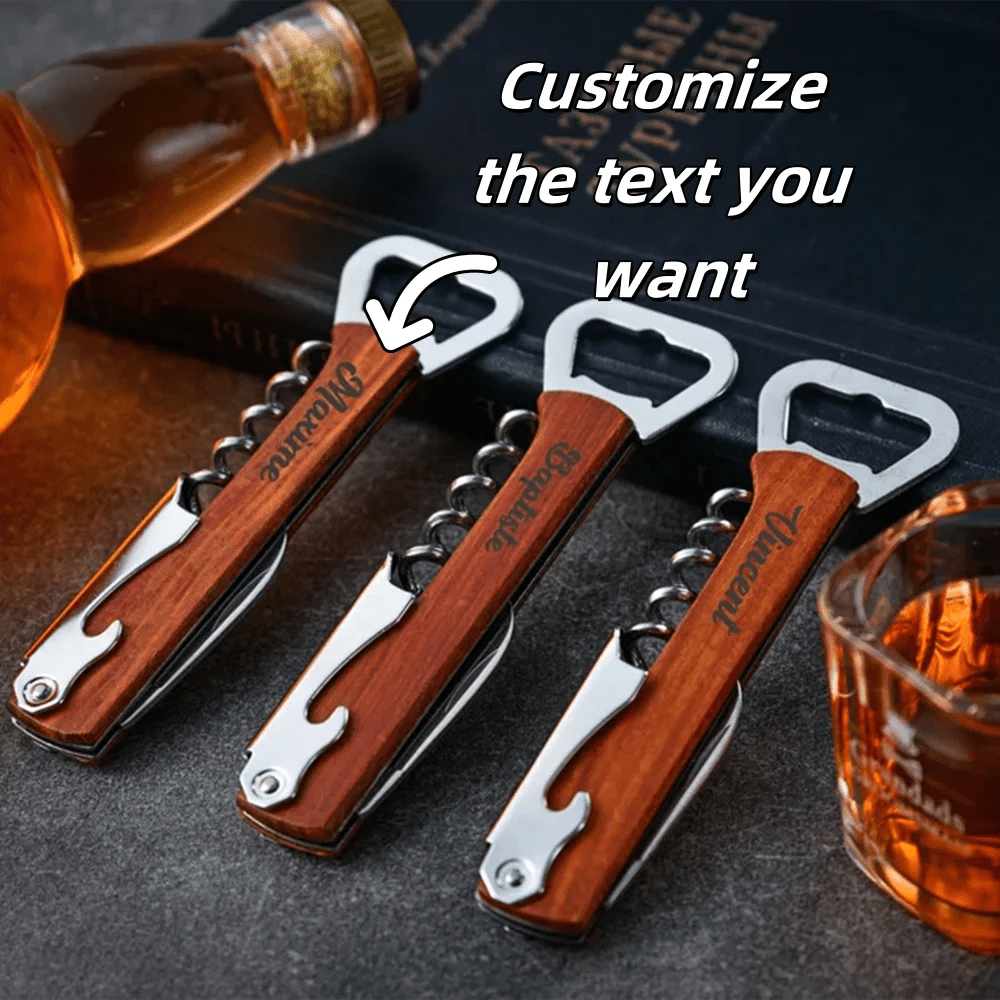 Personalized 3-in-1 Wooden and Stainless Steel Bottle Opener for Beer and Wine 3