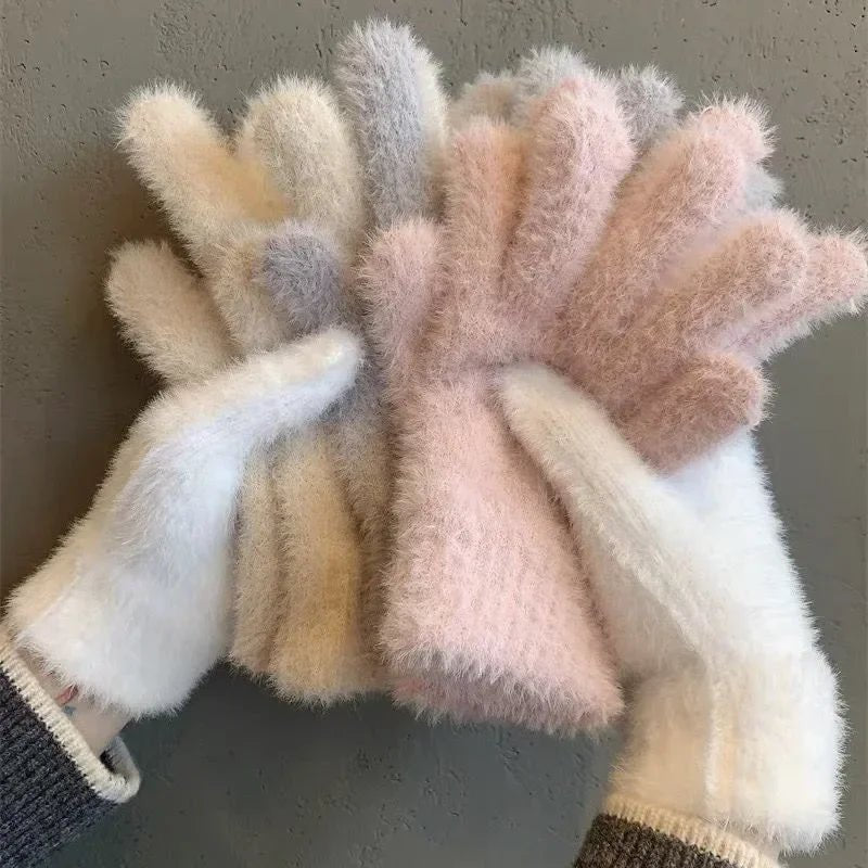 Plush Winter Five Finger Gloves - Windproof & Warm for Outdoor Activities 1
