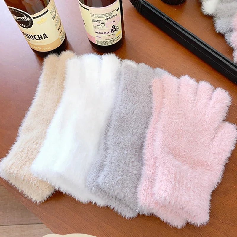 Plush Winter Five Finger Gloves - Windproof & Warm for Outdoor Activities 2