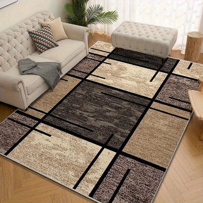 Premium Beige and Brown Geometric Area Mat - Soft Polyester, Machine Washable, Anti-Slip Design for Living Room & Office 0