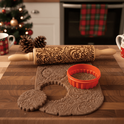 ROLLICRAFT – Handcrafted Embossed Rolling Pin with Festive Cookie Cutters