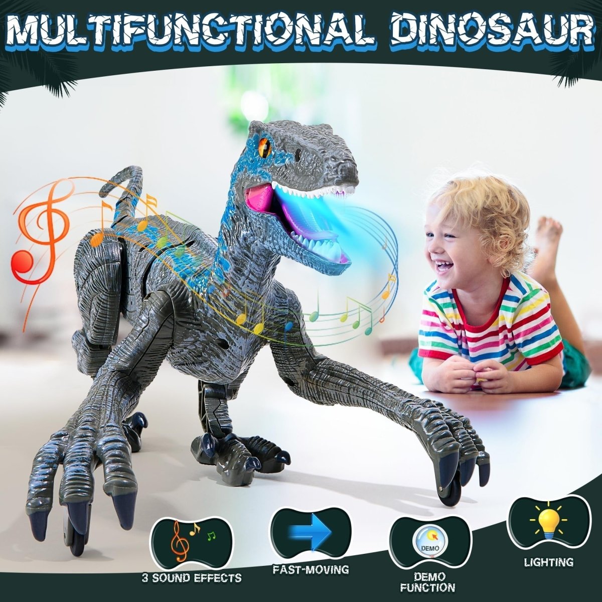 Remote Control Velociraptor with LED Lights & Roaring Sounds for Kids 3