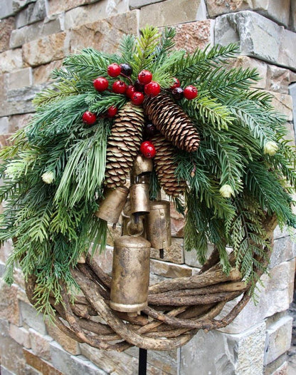 Rustic Boho Christmas Wreath - 17-Inch Holiday Decor with Pinecones & Bells 3
