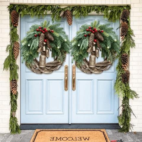Rustic Boho Christmas Wreath - 17-Inch Holiday Decor with Pinecones & Bells 4