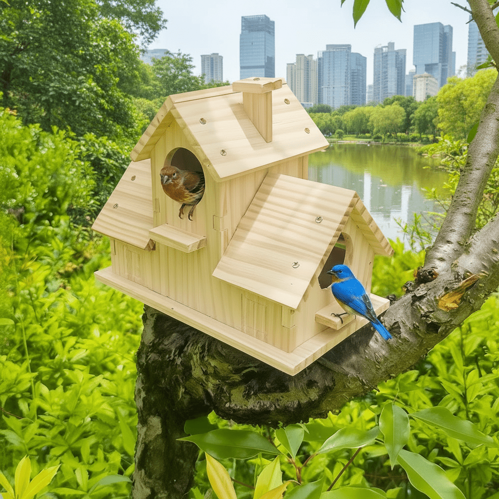 Rustic Wooden Birdhouse - Multi-Chamber Nesting Box for Garden Birds 0