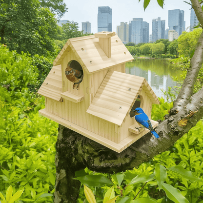 Rustic Wooden Birdhouse - Multi-Chamber Nesting Box for Garden Birds 0