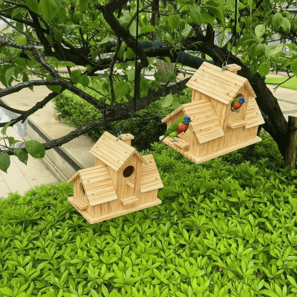 Rustic Wooden Birdhouse - Multi-Chamber Nesting Box for Garden Birds 1