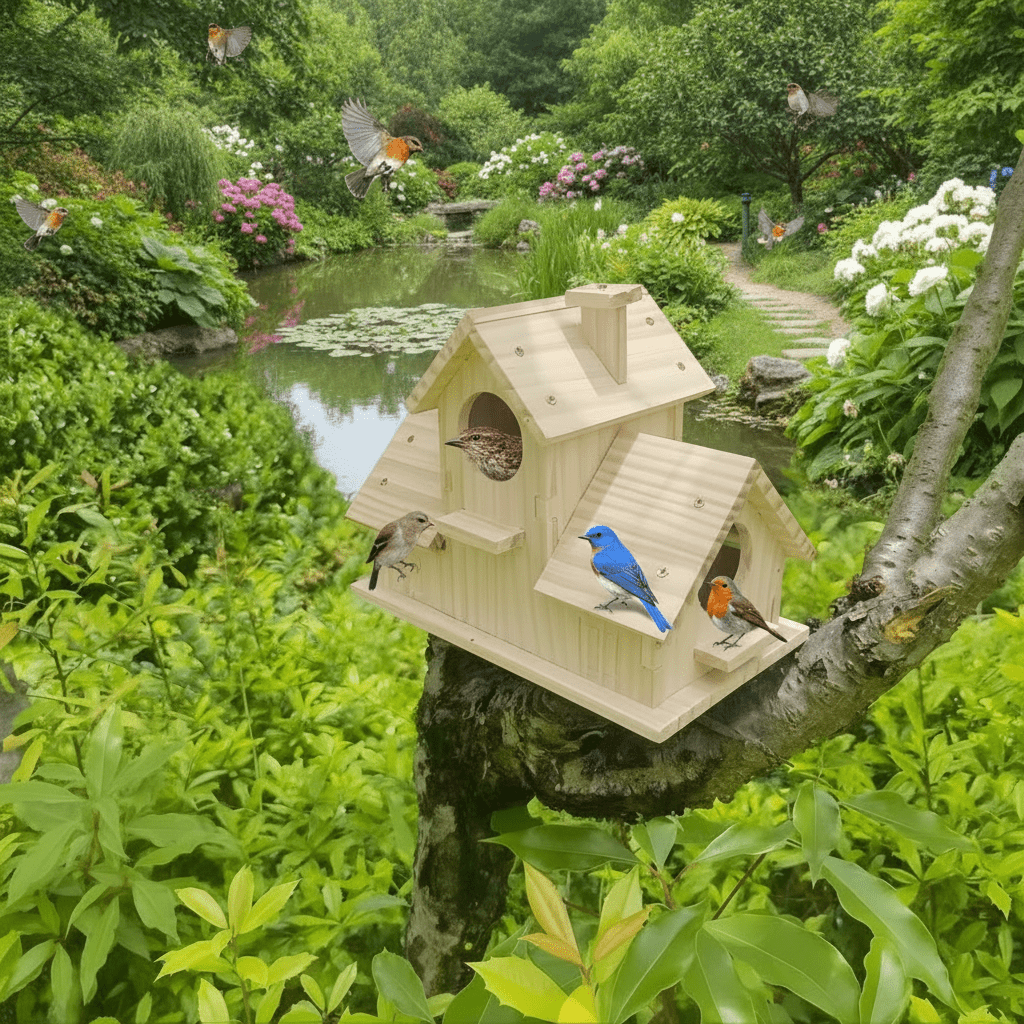 Rustic Wooden Birdhouse - Multi-Chamber Nesting Box for Garden Birds 2