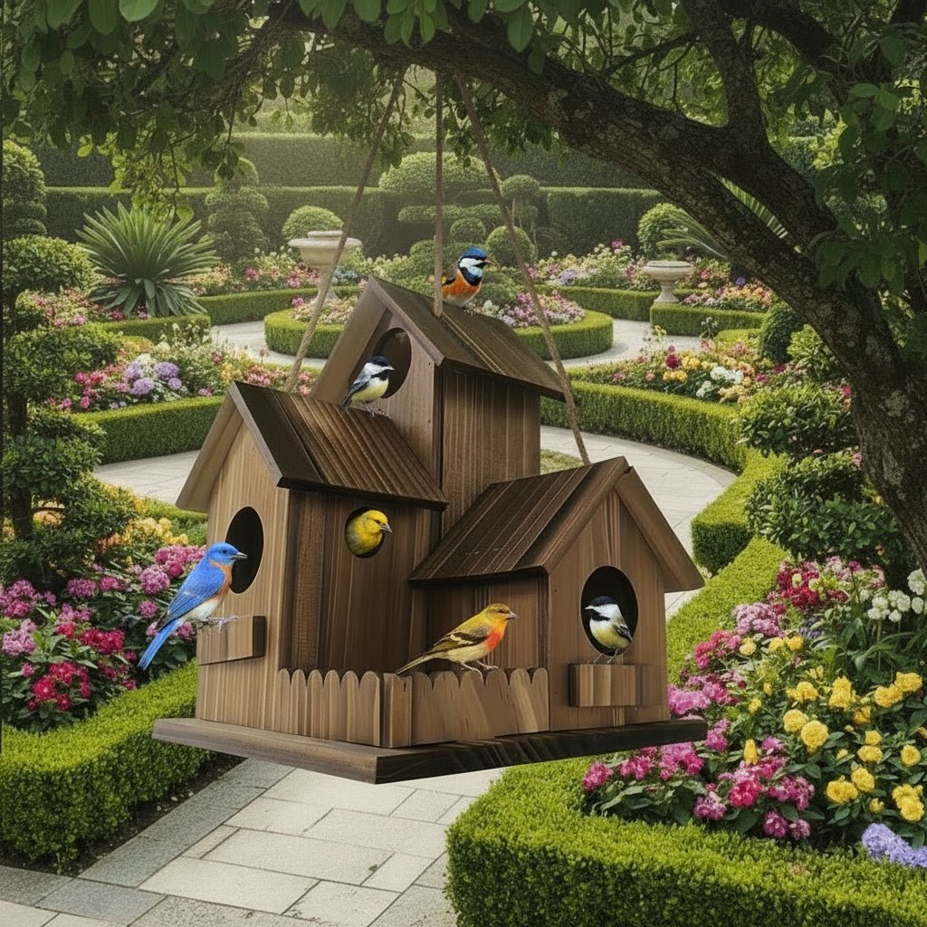 Rustic Wooden Birdhouse - Multi-Chamber Outdoor Nesting Home for Birds 0