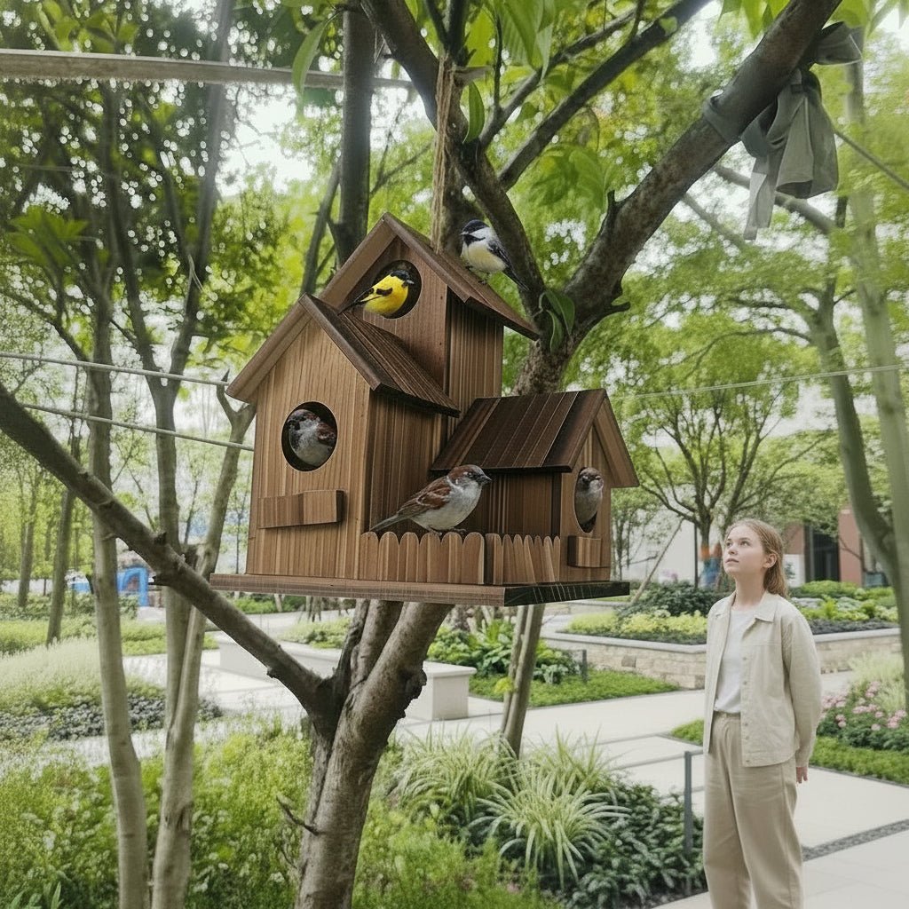 Rustic Wooden Birdhouse - Multi-Chamber Outdoor Nesting Home for Birds 1