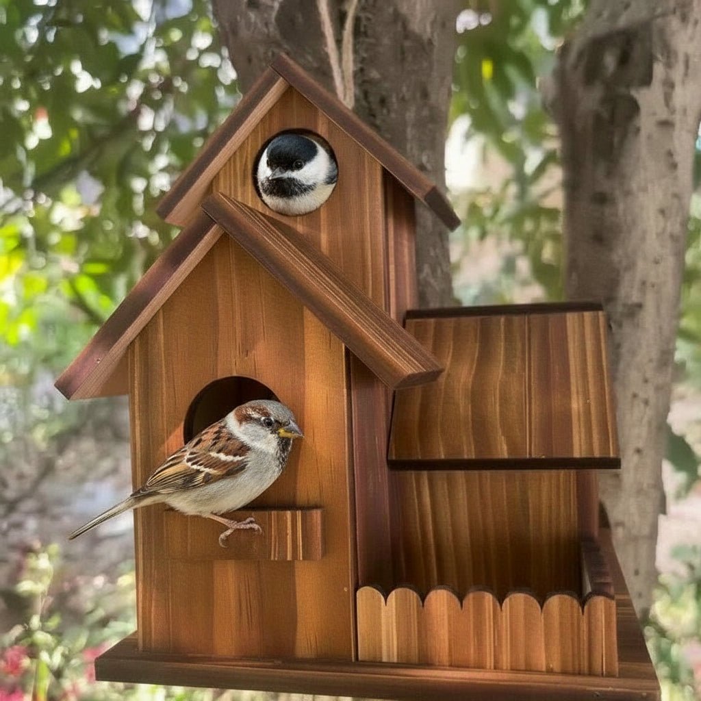 Rustic Wooden Birdhouse - Multi-Chamber Outdoor Nesting Home for Birds 6